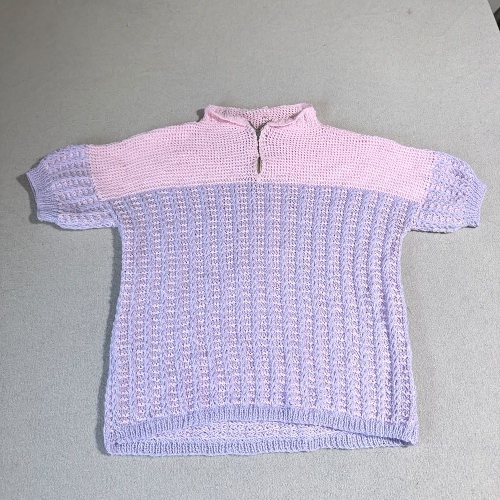 Vintage Handmade Crochet Knit Top Pastel Pink Quarter Zip Short Sleeve 70s